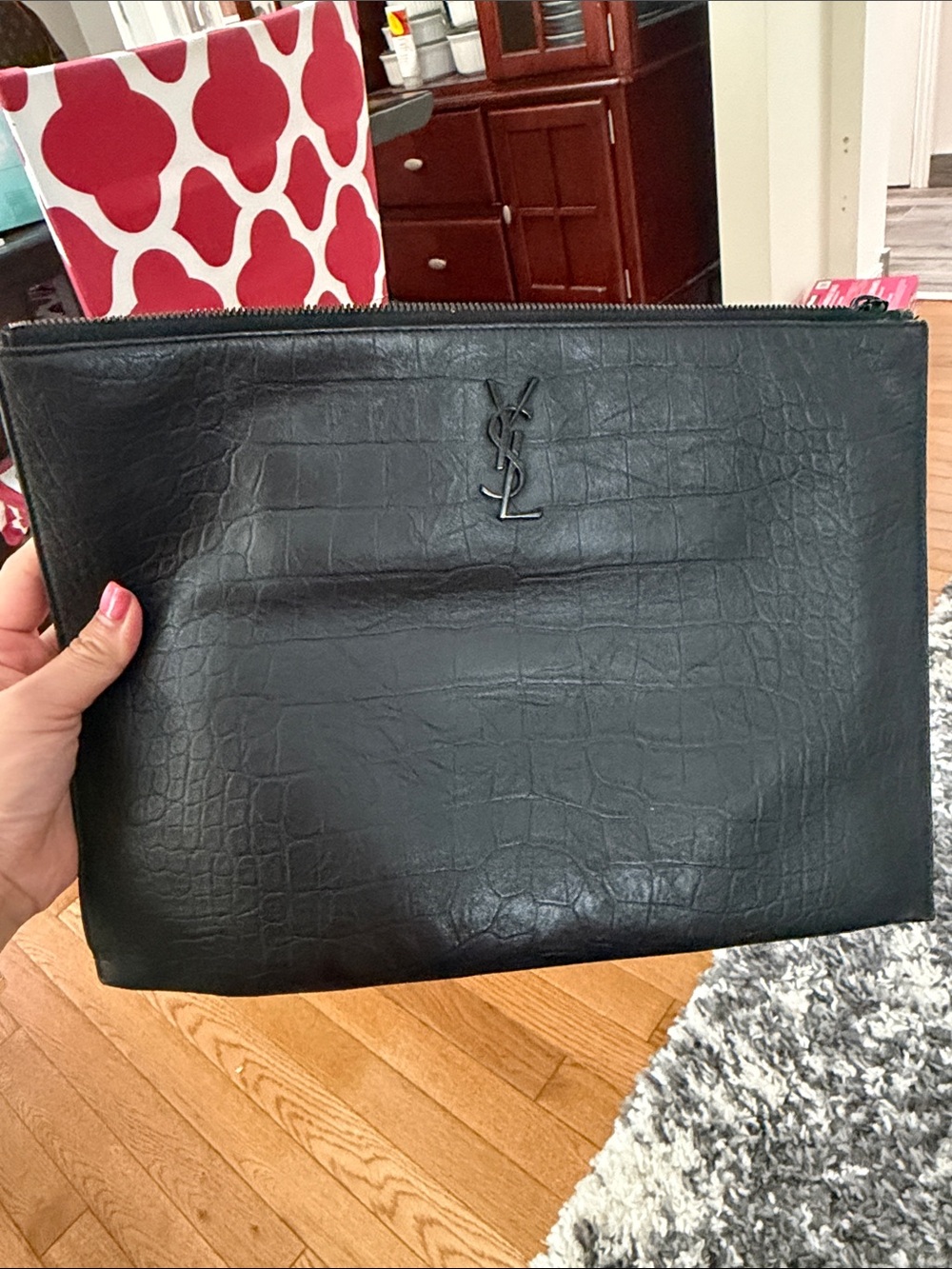 Saint Laurent Black Croc-Embossed Leather Zip Pouch Clutch - Picture 3 of 9
